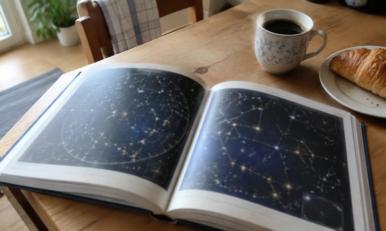 Un beau livre d'atlas du ciel ouvert sur des cartes stellaires, à côté d'une tasse de café du matin.