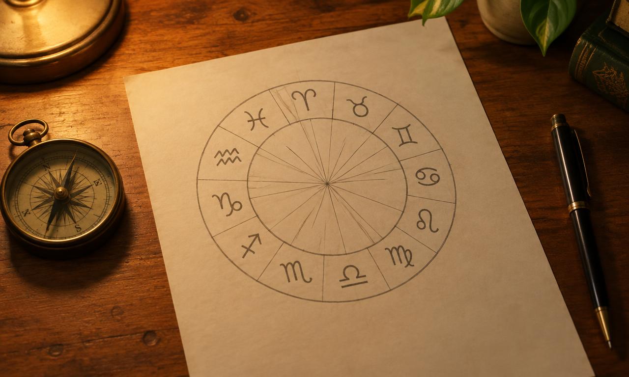 Une roue astrologique dessinée au crayon sur du papier crème, posée sur un bureau en bois.