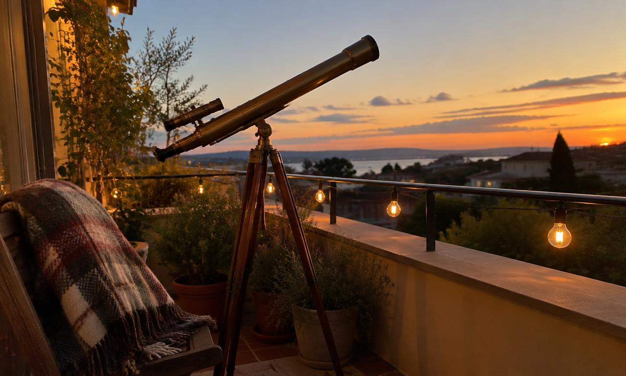 Une longue-vue ancienne pointée vers l'horizon depuis une terrasse, au moment où le ciel s'allume.